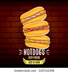 vector cartoon hotdogs label isolated on wooden table background. Vintage hot dog poster or icon design element collection. Fast food, cafe or hot dog carts logo design concept