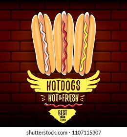 vector cartoon hotdogs label isolated on wooden table background. Vintage hot dog poster or icon design element collection. Fast food, cafe or hot dog carts logo design concept