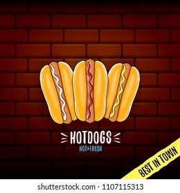 vector cartoon hotdogs label isolated on wooden table background. Vintage hot dog poster or icon design element collection. Fast food, cafe or hot dog carts logo design concept