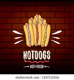 vector cartoon hotdogs label isolated on wooden table background. Vintage hot dog poster or icon design element collection. Fast food, cafe or hot dog carts logo design concept
