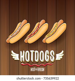 vector cartoon hotdogs label isolated on wooden table top view background. Vintage hot dog poster or icon design element collection. Fast food, cafe or hotdog carts logo design concept