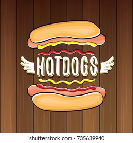 vector cartoon hotdogs label isolated on wooden table background. Vintage hot dog poster or icon design element collection. Fast food, cafe or hotdog carts logo design concept