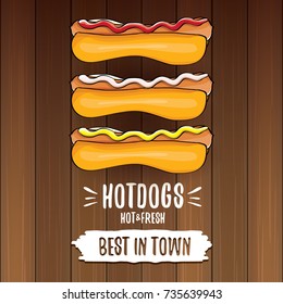 vector cartoon hotdogs label isolated on wooden table background. Vintage hot dog poster or icon design element collection. Fast food, cafe or hotdog carts logo design concept