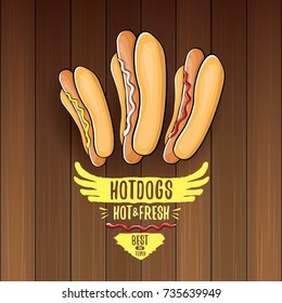 vector cartoon hotdogs label isolated on wooden table top view background. Vintage hot dog poster or icon design element collection. Fast food, cafe or hotdog carts logo design concept