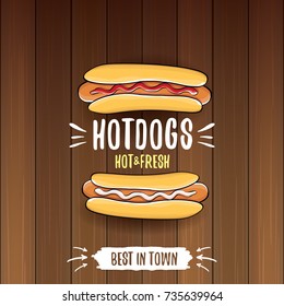 vector cartoon hotdogs label isolated on wooden table top view background. Vintage hot dog poster or icon design element collection. Fast food, cafe or hotdog carts logo design concept