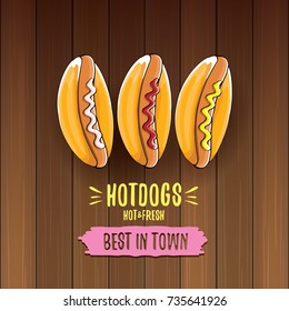 vector cartoon hotdogs label isolated on wooden table background. Vintage hot dog poster or icon design element collection. Fast food, cafe or hotdog carts logo design concept