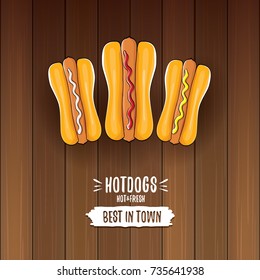 vector cartoon hotdogs label isolated on wooden table background. Vintage hot dog poster or icon design element collection. Fast food, cafe or hotdog carts logo design concept