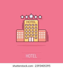 Vector cartoon hotel icon in comic style. Tower sign illustration pictogram. Hotel apartment business splash effect concept.