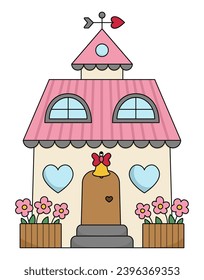 Vector cartoon house with heart shaped windows, flowers, weathervane. Home clipart for children. Cute cottage illustration. Funny Saint Valentine day icon for kids
