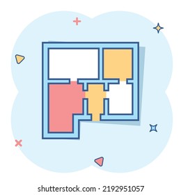 Vector cartoon house plan icon in comic style. Architect scheme sign illustration pictogram. House scheme business splash effect concept.