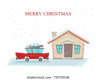 Vector cartoon house with red car and fir-tree on the roof. Merry Christmas