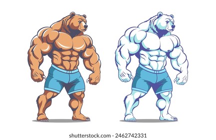 Vector de dibujos animados enorme enojado muscular brutal fuerte ruso marrón y oso polar culturistas con garras. Atleta en pantalones cortos azules. Fondo blanco aislado.