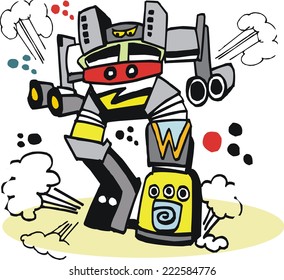 Vector cartoon of huge mechanical robot monster with dust clouds
