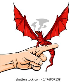 Vector cartoon human ahnd with red dragon isolated on white background
