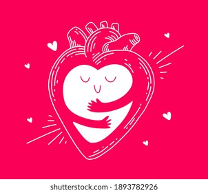 Vector Cartoon Human Internal Organ, Anatomic Heart With Arms Hugging Self, Self Care And Love Yourself, Line Art On Pink Background