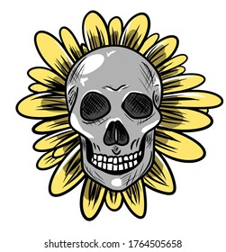vector cartoon human skull with beautiful flower