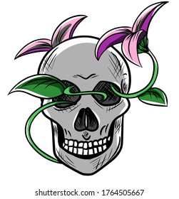 vector cartoon human skull with beautiful flowers