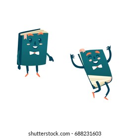 Vector cartoon humanized book with arms and face emotions set. Flat isolated illustration on a white background. Back to school concept