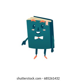 Vector cartoon humanized book. Happy ,smiling character with arms and face emotions in bowtie points something out. Flat isolated illustration on a white background. Back to school concept