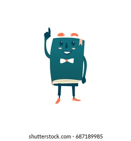 Vector cartoon humanized book. Happy ,smiling character with arms and face emotions in bowtie points something out. Flat isolated illustration on a white background. Back to school concept