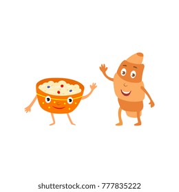vector cartoon humanized breakfast meals characters set. Ceramic plate with porridge, croissant with face emotions, legs and arms waving. Isolated illustration on a white background.