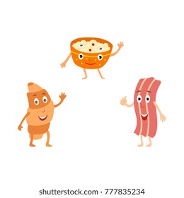 vector cartoon humanized breakfast meals characters set. Ceramic plate with porridge, croissant, bacon steak with face emotions, legs and arms waving. Isolated illustration on a white background.