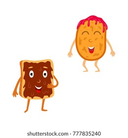 vector cartoon humanized breakfast meals characters set. Cheerful pancake with jam, bread with chocolate cream with face emotions, legs and arms waving. Isolated illustration on a white background.