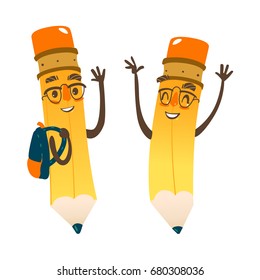 Vector cartoon humanized pencil with arms and face emotions set, in glasses wearing schoolbag. Flat isolated illustration on a white background. Happy, smiling character, Back to school concept