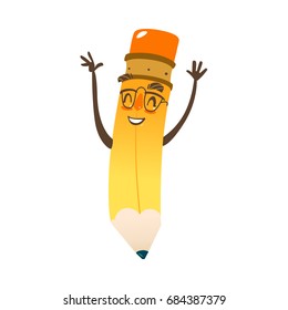 Vector cartoon humanized pencil with arms and face emotions, in glasses . Flat isolated illustration on a white background. Happy, smiling character, Back to school concept