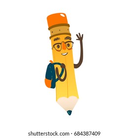 Vector cartoon humanized pencil with arms and face emotions, in glasses wearing schoolbag. Flat isolated illustration on a white background. Happy, smiling character, Back to school concept