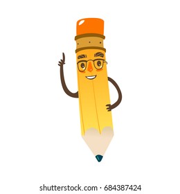 Vector cartoon humanized pencil with arms and face emotions, in glasses . Flat isolated illustration on a white background. Happy, smiling character, Back to school concept