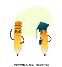 Vector cartoon humanized pencil with arms and face emotions, keeping book in hands in glasses and academic cap. Flat isolated illustration on a white background with speech bubble