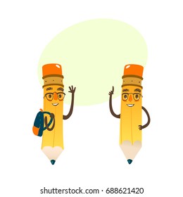 Vector cartoon humanized pencil with arms and face emotions set, in glasses wearing schoolbag. Flat isolated illustration on a white background with speech bubble