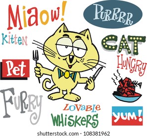 Vector cartoon of hungry cat with colorful signs.