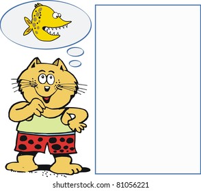 Vector cartoon of hungry cat dreaming of fish