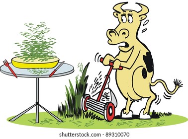 Vector cartoon of hungry cow mowing grass to eat.