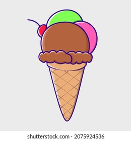 Vector cartoon of ice cream cone with three flavors , Brown chocolate, pink strawberry, green melon with a cherry on the top. Flat style illustration. 
