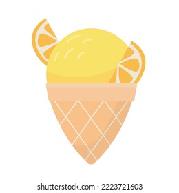 Vector cartoon ice cream decorated with orange slices. Sweet cold dessert isolated on a white background.