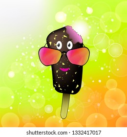 Vector Cartoon Ice Cream Icon with Colored Sunglasses on Summer Yellow Blurred Background