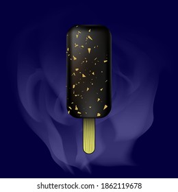 Vector Cartoon Ice Cream Icon and Wooden Stick on Blue Blurred Background.