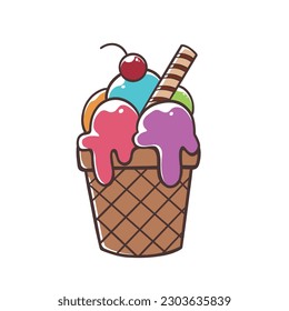 Vector cartoon ice cream icons with various flavors and color in a cup, with a cherry waffle toppings. Isolated illustrations on white background