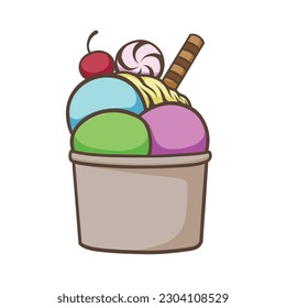 Vector cartoon ice cream icons with various flavors and color in a cup, with a cherry, loly, waffle toppings. Isolated illustrations on white background