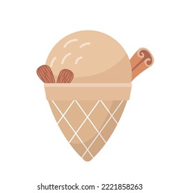 Helado de dibujos animados vectores en un cono de gofre. Almendra y postre dulce de canela aislados en un fondo blanco.