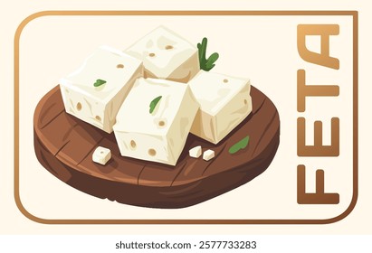 Vector cartoon icon of fresh feta cheese, a gourmet kitchen staple. Creamy white feta cubes arranged on a rustic wooden board, garnished with delicate green herbs