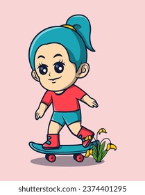 Vector Cartoon Icon Illustration of blue haired woman skateboarding happily. Isolated Premium Vector hobby Icon Concept. Flat Cartoon Style