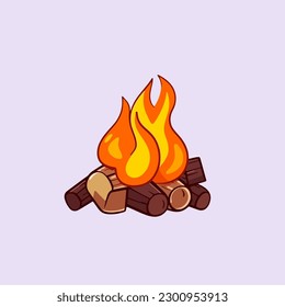 Vector cartoon icon illustration of a campfire, with a flat design for firewood, warming up a cold body, an activity while hiking and camping