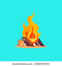 Vector cartoon icon illustration of a campfire, with a flat design for firewood, warming up a cold body, an activity while hiking and camping