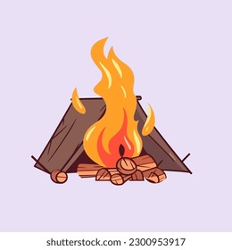 Vector cartoon icon illustration of a campfire, with a flat design for firewood, warming up a cold body, an activity while hiking and camping