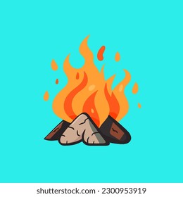 Vector cartoon icon illustration of a campfire, with a flat design for firewood, warming up a cold body, an activity while hiking and camping