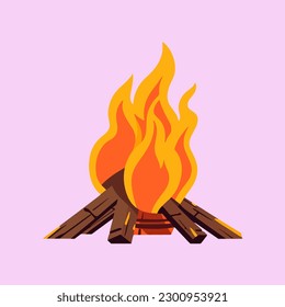 Vector cartoon icon illustration of a campfire, with a flat design for firewood, warming up a cold body, an activity while hiking and camping